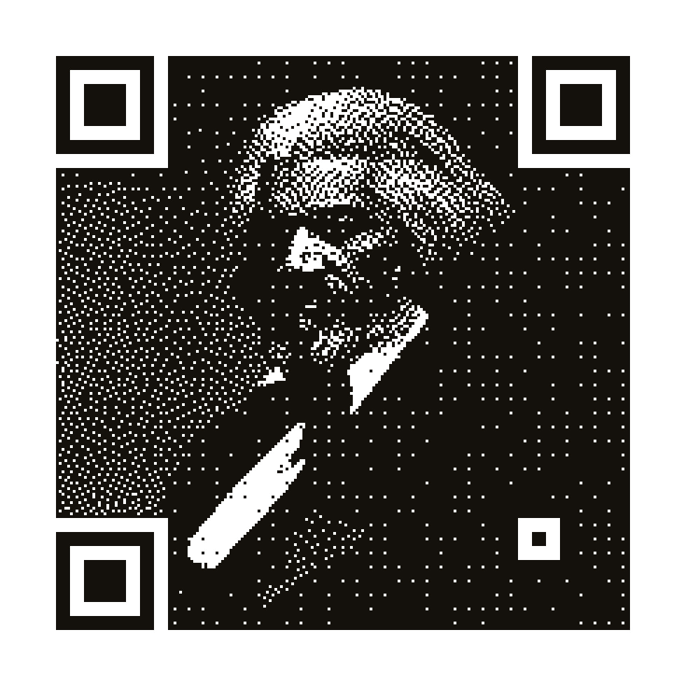 A scannable QR code with a 1-bit dithered portrait of Frederick Douglass rendered across it