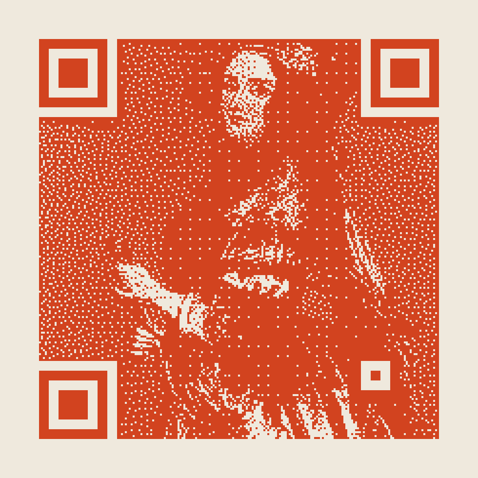 A scannable QR code with a 1-bit dithered portrait of Ada Lovelace rendered across it