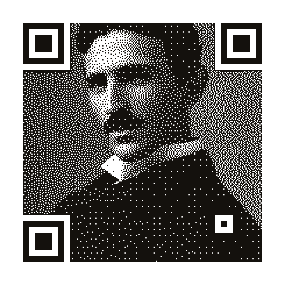 A scannable QR code with a 1-bit dithered portrait of Nikola Tesla rendered across it