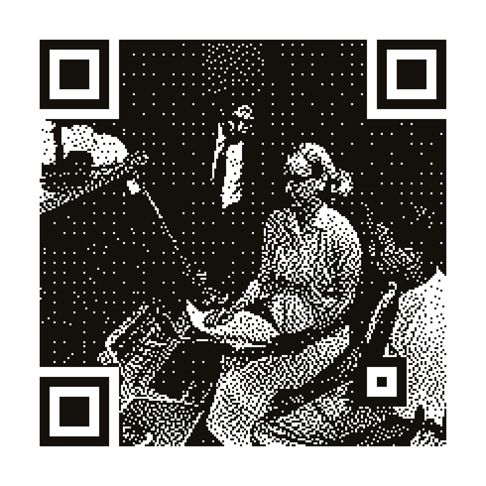 A scannable QR code with a 1-bit dithered portrait of Grace Hopper rendered across it
