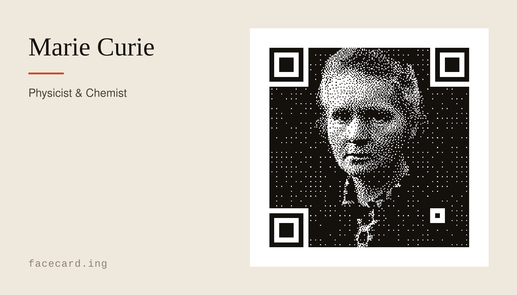 A business card with a QR code containing a dithered portrait of Marie Curie
